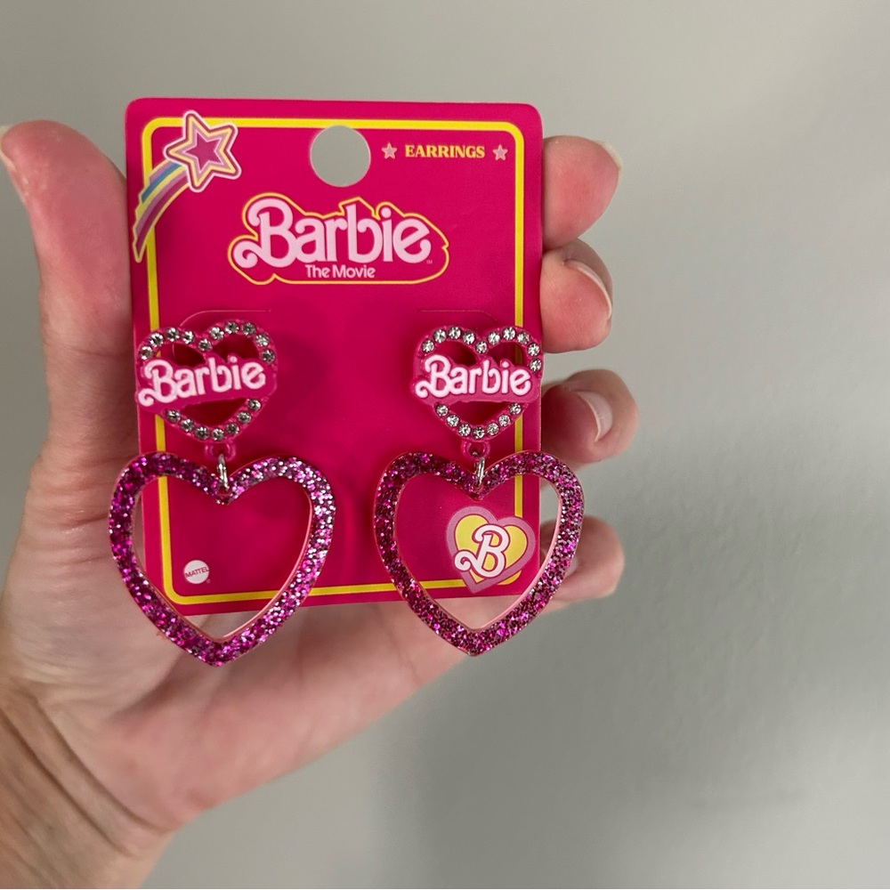 NWT Barbie the Movie Pink Glitter & Crystal Heart Earrings